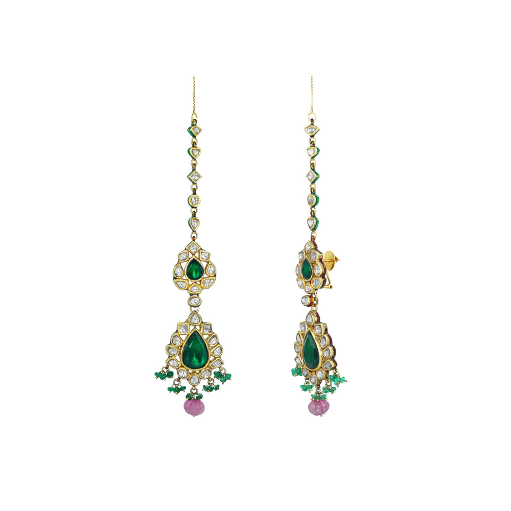 Polki Diamond Necklace Set with Green Stone and Pink Beads